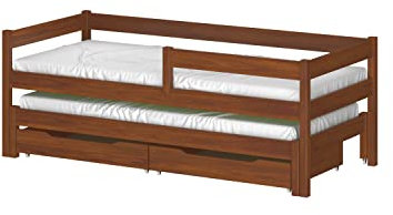 WNM Group Kinderbett Ausziehbar JULA mit Rausfallschutz und Matratzen - Bett mit Schubladen und Lattenrost - Ausziehbett für Jugendliche - Jugendbett - Palisander -140x70/130x60 cm