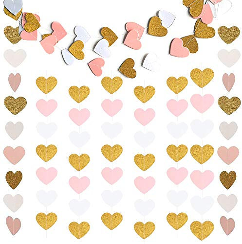 2 Packungen Papier Herz Girlande Girlanden für Hochzeit Vorhang Party Kinderzimmer,Herz Hängende Banner Bunting Garland Girlande für Mädchen Jahrestag Valentinstag Dekoration(Glitter Gold Weiß Rosa)