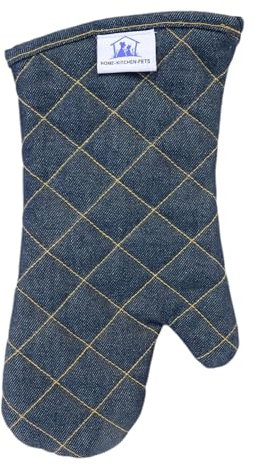 Single Oven Glove – Heat Resistant Cotton Oven Mitt for Cooking, Baking & BBQ – Thick Padded Heat Proof with Loop – Stylish Denim Look Kitchen Glove for Left or Right Hand Grey Indigo (Gauntlet)