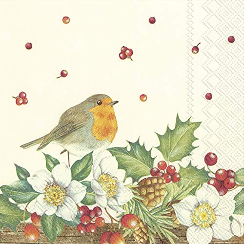 IHR Serviette Rotkehlchen und Christrose 33x33cm Serviettentechnik 20 Stück
