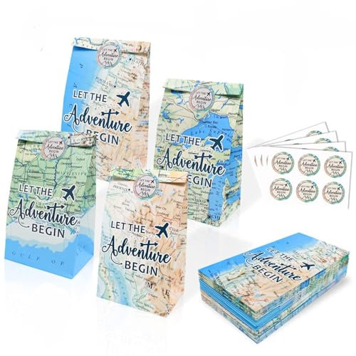 Geschenktüten mit Abenteuer-MottoLet the Adventure Begin, Adventure Awaits Bon Voyage Travel Rente Abschied Mottoparty Leckerlibeutel Reise Mottoparty Zubehör Set 24 Stück