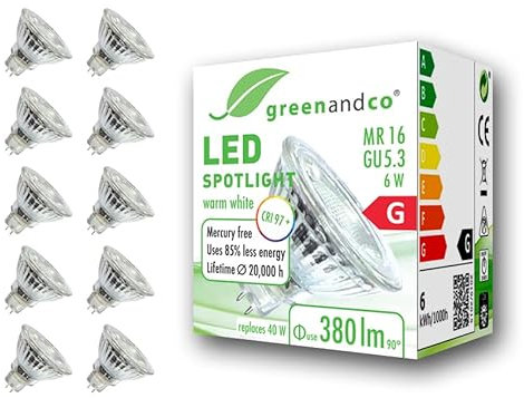greenandco 10x CRI 97+ MR16 GU5.3 LED Spot | 6W 380 lm | 2700K warmweiß | 36° | 12V AC/DC | nicht dimmbar