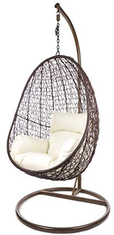 Kideo Komplettset: Hängesessel mit Gestell & Kissen, Lounge-Möbel, Poly-Rattan (Gestell- und Korbfarbe: braun, Kissen: Elfenbein Nest (0050_Ivory))
