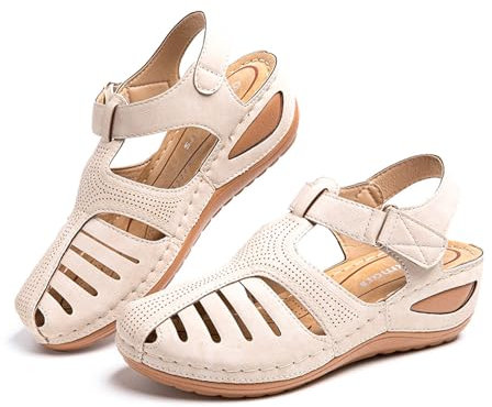Sandale Femme Compensées Confort Mules Été Et Nu-Pieds Plateforme Plate Chaussures Bout Fermé Sandale Bride Cheville 1 Beige 40 EU