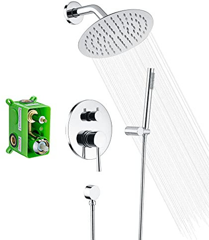SUMERAIN Regenduschsystem, Wandmontage, Badezimmer-Duscharmatur-Set mit 20,3 cm Duschkopf und Messing-Handbrause, raues Ventil im Lieferumfang enthalten