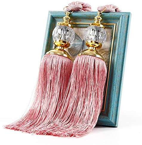 QOTSTEOS 1 Pair Curtain Hold Backs Rope Tie Backs, Curtain Clips Rope Curtain Hanger, Large Tie Backs Prism Ball Tassel Curtain Rope Tieback for Home Office Window Curtains(Pink), free size