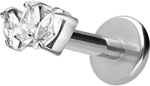 PIERCINGLINE Titan Labret mit Gewinde 3 Kristalltropfen Piercing Lippe Nase Ohr Helix Silberfarben 1,2 x 7 mm