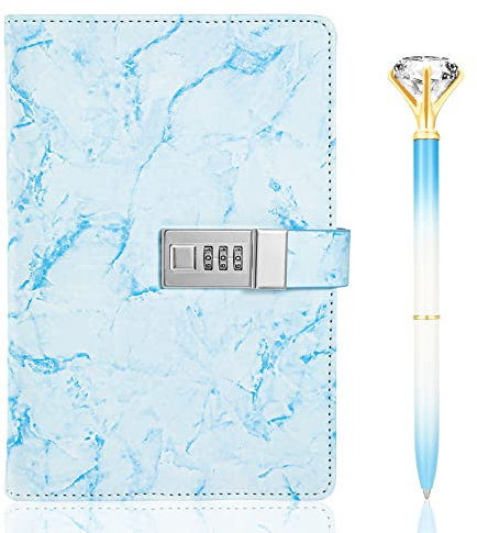 Diary with Lock Marble PU Leather A5 Journal Combination Lock Secret Personal with Diamond Pen(Blue)