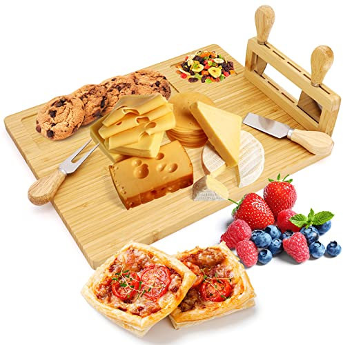 MoYouno - Set di 4 coltelli da formaggi in bambù, con set di 4 coltelli da formaggio e utensili da portata per regalo distintivo, matrimonio, compleanno, Natale