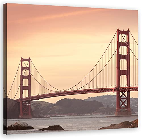 Feeby Bild auf Vlies Leinwand San Francisco Kalifornien Golden-Gate-Brücke 40x40 cm Kunstdruck Modern Wandbilder Deko Flur Wohnzimmer Vereinigte Staaten Bucht Amerika Orange