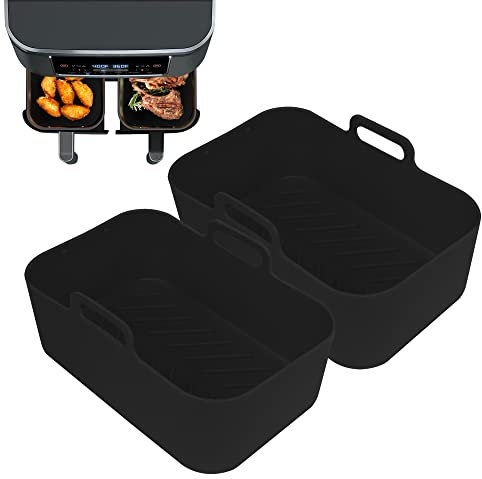 GOVD 2PCS Silicone Pot for Ninjas Dual Air Fryer, Silicone Air Fryer Liners Double Air Fryer Silicone Air Fryer Basket, Air Fryer Rack Accessories for Air Fryer, Oven, and Microwave (Black)