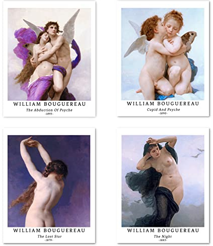 Kunstdruck Ungerahmt Klassische Mythologie Historisch Bilder Set von 4, Poster Größe: 28x35 cm Premium Kunstpapier Wanddeko Realismus Amor Kind Passenden Schlafzimmer Deko William Bouguereau Painting