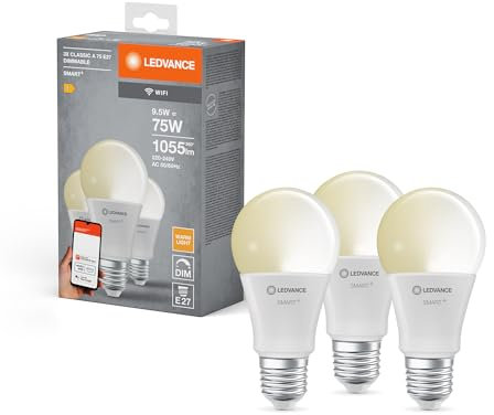 LEDVANCE Smarte LED-Lampe mit WiFi Technologie, Sockel E27, Dimmbar, Warmweiß (2700 K), ersetzt Glühlampen mit 75 W, SMART+ WiFi Classic Dimmable, 3er-Pack