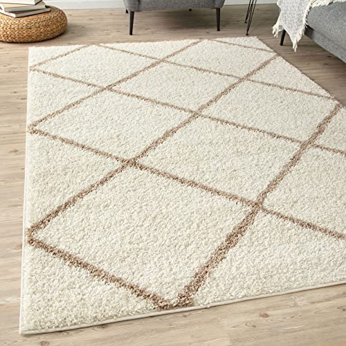 THE RUGS Shaggy Rug – Modern Moroccan Design Rugs for Living Room, Bedroom, Hallway, 3 cm Thick Area Rugs, (Diamond Ivory/Beige, 140x200cm)