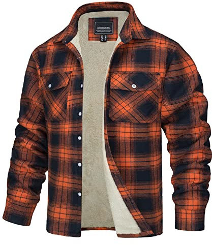 TACVASEN Herren Sweatshirts Fleece Hemden Langarmshirts Wintershirts Pulli Gefüttert Thermohemd Übergangsjacke, Orange, XXL