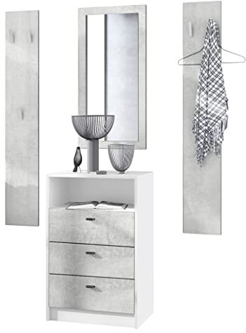 Vladon Garderoben-Set Pino V2, Made in Germany, 2 Wandpaneele 140 cm und Anrichte mit 3 Schubladen & 1 offenem Fach, Weiß matt/Beton Oxid Optik (56 x 86,5 x 36 cm)