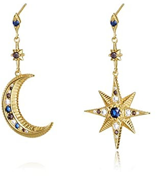 Bellitia Jewelry 925 Sterling Silber Vergoldet Stern Mond Tropfen Ohrringe, Asymmetrie Ohrhänger mit 5A Zirkonia für Damen, Hypoallergen Ohrringe für Frauen und Mädchen