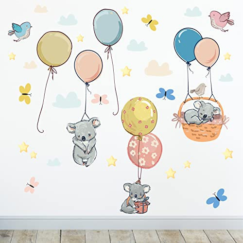 Sunnywall Wandsticker Wandtattoo Wandbild Baby Aufkleber Kinderzimmer Baby Wandaufkleber Spielzimmer (Ballon Koala)
