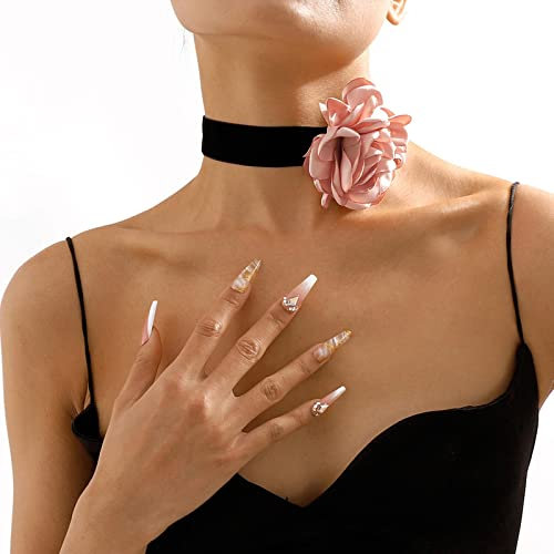 Wendalern Boho Black Velvet Choker Necklace 3D Pink Rose Flower Necklace Satin Floral Collar Necklace Exaggerated Large Flower Necklace Cosplay Gifts Jewelry for Women Girls, 0.02 kilograms