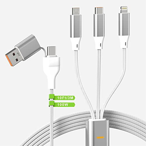 100W USB C auf Multi-Ladekabel, 10Ft USB C/A auf mehrere Ladekabel [Apple MFi Certified] Ladekabel mit Typ C+Micro USB+Lightning Connector Ladegerät für iPhone/Pad/Laptop