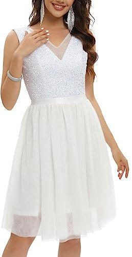 Gardenwed Paillettenkleid Damen elegant V-Ausschnitt festliches Glitzer Kleid Tüll Kleid Party jugendweihes Kleid Cocktailkleid White M