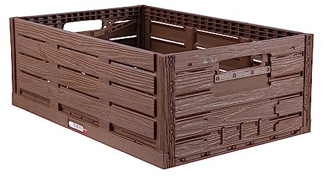 Stabile Faltbox im Holzdesign 60 x 40 x 21,8cm (LxBxH) Stapelbarer Faltbarer Einkaufskorb 45L - Robuste Klappkiste - Gemüsekiste Obstkiste