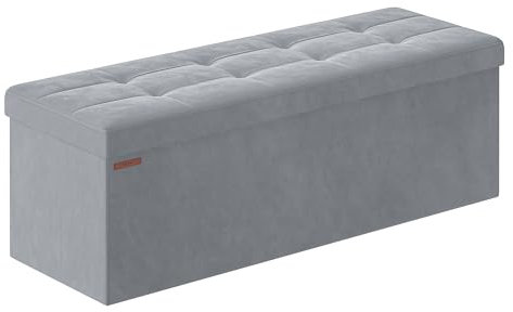 SONGMICS Banc de Rangement, Pouf Pliable, 38 x 110 x 38 cm, Bout de Lit, Repose-Pieds, Coffre de Rangement, Charge jusqu'à 300 kg, pour Salon, Chambre, Entrée, Gris Tourterelle LSF277G02