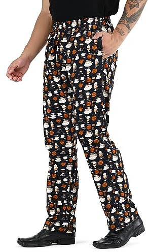 Uniformates Pantalones unisex estampados 100% algodón para hombre y mujer, pantalones de cocinero con cordón para servicio de alimentos, panaderos y profesionales culinarios, Cafe De Impresión, 27-32