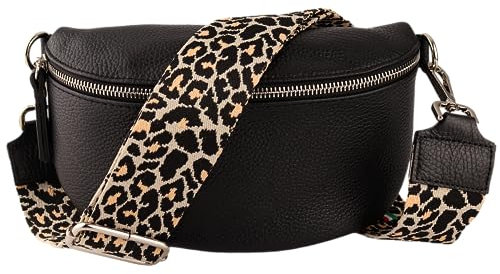 MIRROSI® Bauchtasche Damen, Echtleder, Made in Italy, Umhängetasche, Brusttasche, Crossbody Bag (1 Tasche & 2 Gurte) (Schwarz (Leo Schwarz), Große Tasche (28x18x9cm))