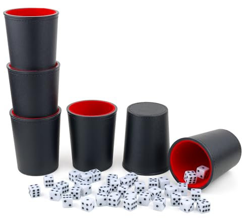 Felt-gefüttertes Leder Würfelbecher-Set, 6 leise Würfelbecher mit 30 Würfeln für Bar-Party Yahtzee Farkle Würfelspiele, Rot und Schwarz
