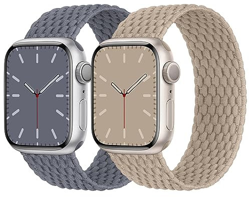 Solo Loop Geflochtenes Armband Kompatibel mit Apple Watch 38mm 40mm 41mm 42mm, Nylon Elastisches Band für Apple Watch 10 9 8 SE 7 6 5 4 3 2 1, Blaugrau/Milchtee XS