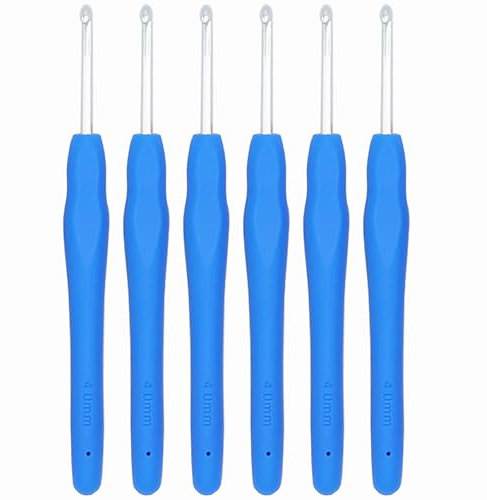 6Pcs 4mm Aluminum Soft Grip Rubber Ergonomic Handle Crochet Hook Knitting Needles US Size G (Size 6) for DIY Yarn Craft,Nice Gift for Women Adults Kids Children Beginners (Blue)