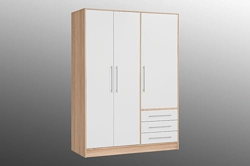 möbelando Eckkleiderschrank >Babbette< in Sonoma Eiche/Weiß - 144,6x200x60cm (BxHxT)