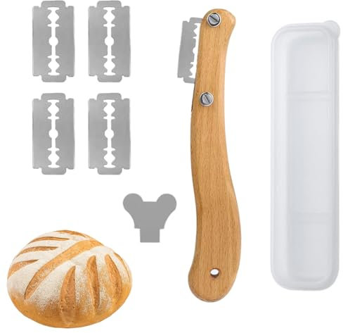 Bread Lame, Manico in Legno Rasoio Pane, Coltello da Panettiere, Lame Pane, Taglierino per Pane, Coltelli da Pane Curvi, con 5 Lamettes in Acciaio Inossidabile per Intagliare Modelli di Pane Crudoa