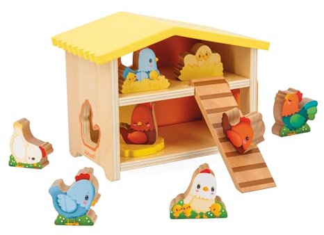 Janod - Mon Premier Poulailler - Jouet d'Imitation Enfant - 1 Poulailler + 9 Poules + 1 Échelle - Jeu en Bois FSC - Développe Dextérité et Imagination - Dès 18 Mois,J03311