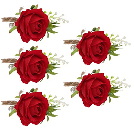Pssopp 5 Stück Rosen-Boutonniere für Hochzeiten, Weiße Boutonniere, Handgefertigte Ansteckblumen mit Knopfloch, Künstliche Hochzeitsblumen-Accessoires für Männer, Bräutigam, Braut, (Rot),