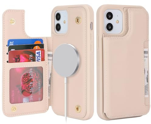 SailorTech for iPhone 12 Case with Credit Card Holder Magsafe, iPhone 12 Pro Phone Leather Case for Women Compatible mag safe Card Slots Durable Shockproof Wallet Case - Beige