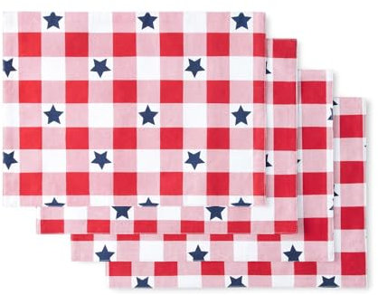 MARTHA STEWART Americana Star Gingham-Plaid-Tischsets für den Innenbereich, wendbar, patriotisches USA-Amerika-Dekor, Rot/Weiß/Blau, 35,6 x 182,9 cm, 4 Stück