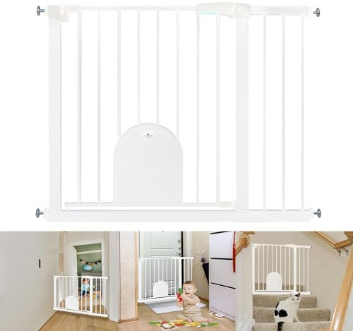 YRHome Türschutzgitter ohne Bohren Treppengitter Treppenschutzgitter für Kinder Baby Türgitter mit Schiebetor für Hunde & Katzen Auto-Close 180° Zweiwegeöffnung Baby Schutzgitter, 95-105 cm, Weiß