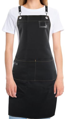 Fangehong Delantal Cocina Hombre, Delantal de Trabajo Impermeable, Delantales de Lona Negro, Delantales de Barbacoa para Hombre, Delantal Camarero Unisex con 2 Bolsillos para Camarero