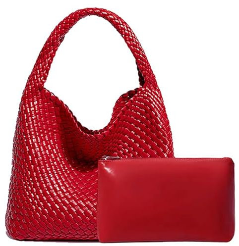 Yuxier Gewebte Tote Handtasche für Frauen Veganes Leder Hand Tote Stricktasche Große Gewebte Geldbörse Gewebte Handtaschen Geflochten, rot, M