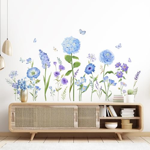 Tanlaby Fiori Blu Adesivi da Parete Viola Fiori di Campo Farfalle Sticker da Muro Autoadesive Rimovibili per Ragazze Camera da Letto Soggiorno Ufficio TV Divano Sfondo