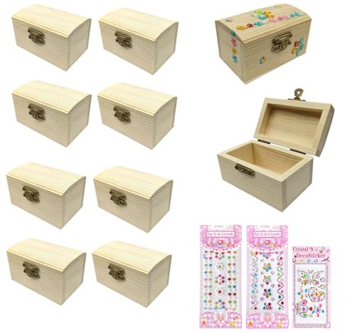 Goviox 10 Stück Mini Schatztruhe, Mini Schatzkiste mit Deckel, Kleine Holz-Schatzkisten Schatzkiste Kindergeburtstag mit 3 Diamantaufkleber, für Bemalen und Basteln Piratenparty Geburtstags(9x5.5x5cm)