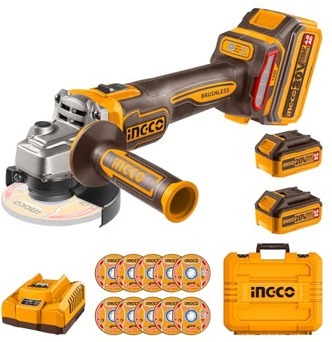 INGCO 20V Meuleuse d'angle Sans Fil Ø115mm, 1200W, Moteur Sans Balais, Vitesse Variable 3000/6000/9000 tr/min pour Couper, Polir et Aiguiser avec 2 Batteries 5,0 Ah et 1 Chargeur CAGLI2211532