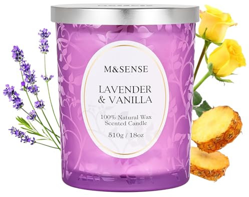 M&SENSE Duftkerze Lavendel Vanille, Duftkerzen im Glas Groß 510g, 100h Lang Brennende, Holzdocht Kerzen, Sojawachs Kerzen mit Duft, Knisternder Docht Kerze für Schlaf, Meditation & Stressabbau