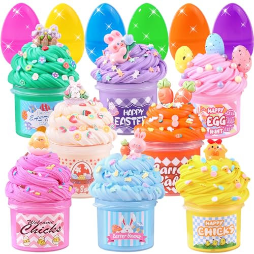 XOYTN 8 Packs Filled Easter Eggs, Fluffy Cloud DIY Butter Slime Kit Prefilled Colorful Plastic Easter Eggs Putty Slime Stress Relief Toy for Girls Kids Basket Fillers Party Favors
