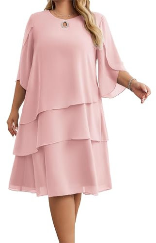 Hanna Nikole Robe Trapèze Plissée en Mousseline De Soie À Col Rond pour Femme Grande Taille Rose Clair 20W