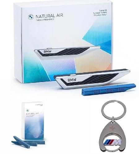 BMW Innenraumduft Set Natural Air Starter + Refill Clear Skyline+ Schlüsselanhänger Einkaufschip Geschenkset Fan Geschenkidee
