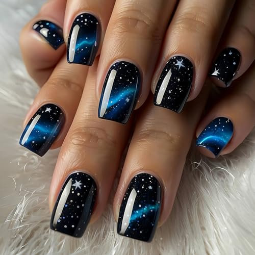 Ceboic 24 Pièces Faux Ongles Français, Carré Court Ongles à Coller Ciel Étoilé Bleu Paillettes Press on Nails, Couverture Complète Acrylique Ongles, Ensembles de Manucure pour Femme Fille Nail Art