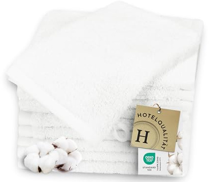 ZOLLNER 10er Set Waschhandschuhe in 17x21 cm - besonders weiche und saugstarke Waschlappen in weiß - mit praktischem Aufhänger - waschbar bis 95°C - Baumwolle - Hotelqualität